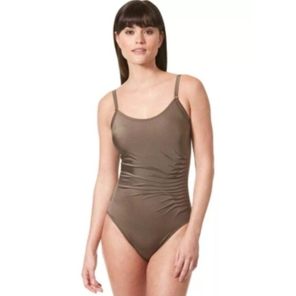 CALVIN KLEIN Starburst Solid One Piece Tank Swimsuit Metallic Bronze Sz 8 - Picture 2 of 10